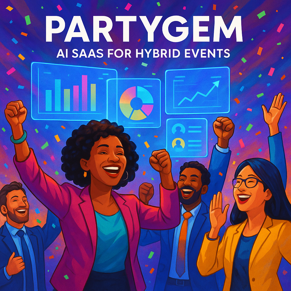 PartyGem AI SaaS for Hybrid Events - Diverse team celebrating with analytics dashboards